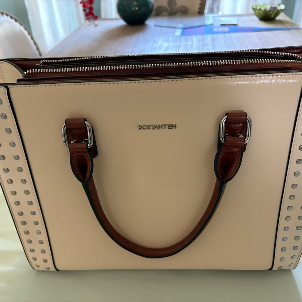 Cream and Brown Structured Satchel with Elegant Design